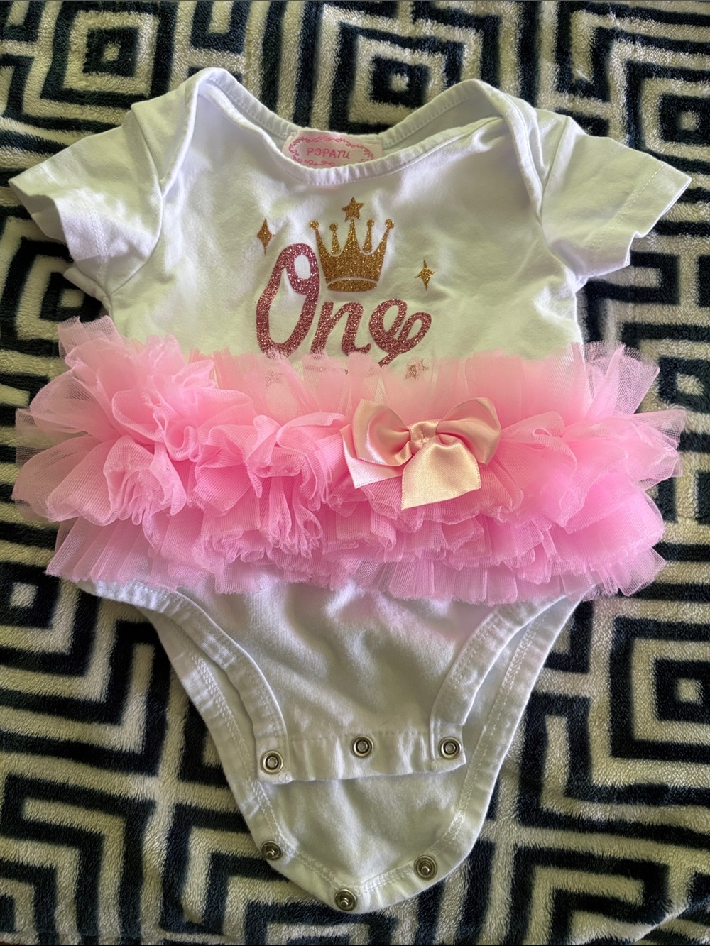 Popatu White Bodysuit with Pink Tutu and Gold Glitter "One"